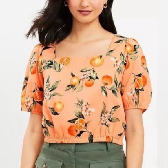 LOFT Harvest Crop Top Size Small Petite Oranges Fruit Print Criss Cross Back - Picture 1 of 9